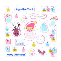 Set of stickers on a New Year's theme. Cute characters and elements. Vector illustration.