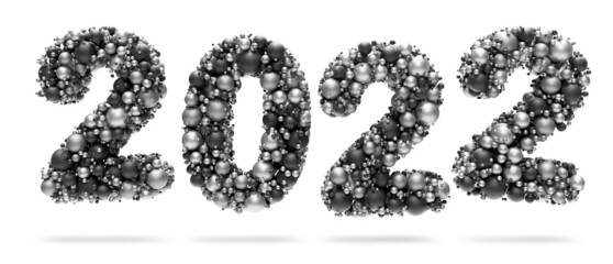 Chiffre 2022 écrit avec plein de sphères multicolores sur fond blanc
