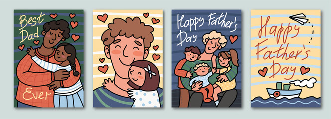 Happy Father's Day greeting cards set. Cute vector hand drawn illustration in cartoon style. Multinational characters.