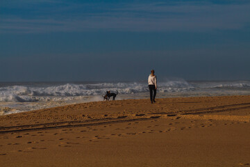 Woman walking dog on the beach