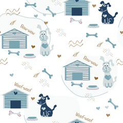 Seamless pattern with cute dogs for childish clothes, wrapping paper and others. Vector illustration.