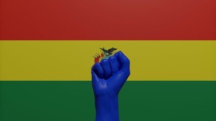 A single raised blue fist in the center in front of the national flag of Bolivia