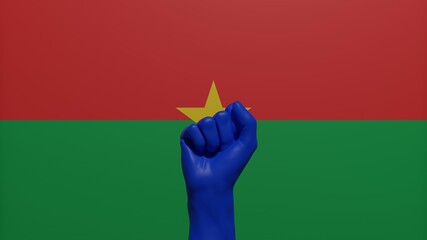 A single raised blue fist in the center in front of the national flag of Burkina Faso