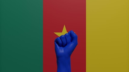 A single raised blue fist in the center in front of the national flag of Cameroon