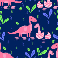 Seamless pattern with dinosaurs and plants elements. For fabric, wallpaper, wrapping paper. Cartoon vector illustration.