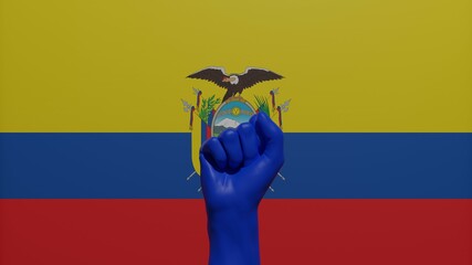 A single raised blue fist in the center in front of the national flag of Ecuador