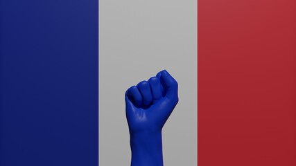 A single raised blue fist in the center in front of the national flag of France