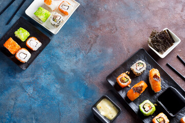 Top view of traditional Japanese sushi rolls