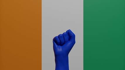 A single raised blue fist in the center in front of the national flag of Ivory Coast