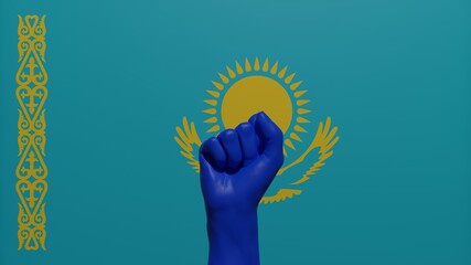 A single raised blue fist in the center in front of the national flag of Kazakhstan