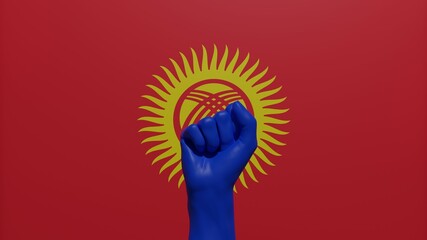 A single raised blue fist in the center in front of the national flag of Kyrgyzstan