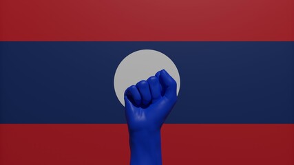 A single raised blue fist in the center in front of the national flag of Laos