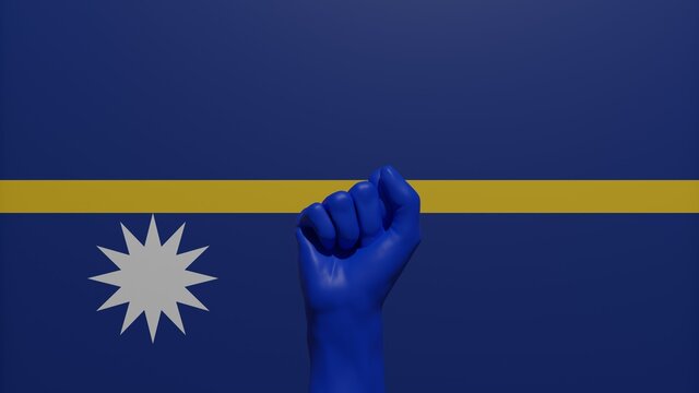 A single raised blue fist in the center in front of the national flag of Nauru