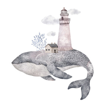 Watercolor magic whale and underwater world. Lighthouse.