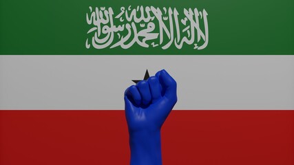 A single raised blue fist in the center in front of the national flag of Somaliland