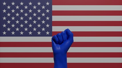 A single raised blue fist in the center in front of the national flag of United States