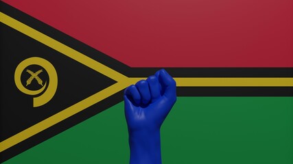 A single raised blue fist in the center in front of the national flag of Vanuatu