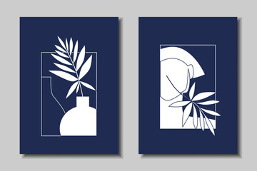 Set of fashion posters on a blue background. Minimalistic shapes. Vector illustration.