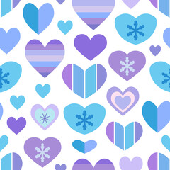 Vector winter seamless pattern of hearts and snowflakes. Fabulous background for design on theme of cozy winter, New Year, Christmas. Flat cute baby illustrations