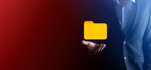 Businessman hold folder icon.Document Management System or DMS setup by IT consultant with modern...