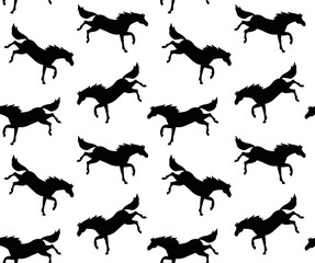 Vector seamless pattern of flat horse silhouette kicking isolated on white background