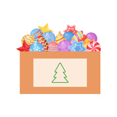 Box with decorations for christmas tree. Balls, stars with ornament. Preparation to winter holidays. Vector object isolated