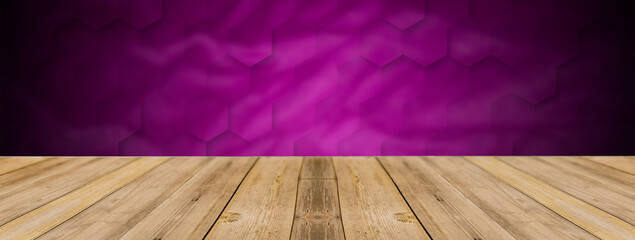 Wood table top on purple blurry abstract wavy fabric background, hexagon pattern. It can be used to...