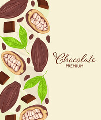 Fototapeta na wymiar Vector background with space for text. Cocoa beans, pods, leaves and chocolate pieces corner in vector illustration.