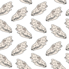 Vector seamless pattern of hand drawn doodle sketch colored dog wolf skull isolated on white background