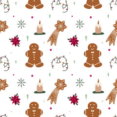 Christmas seamless pattern with tree, snowflake, gift, garland, cookies, poinsettia and candle. Vector graphic.