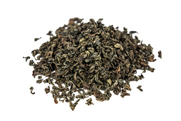 heap of green healthy tea on white