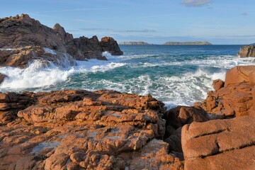 Beautiful seascape on the pink granite coast at Ploumanac'h in Brittany. France