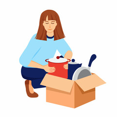 A smiling girl puts the pot in the cardboard box with dishes. A woman takes a pot out of a drawer with kitchen utensils. Moving to a new home. Illustration in flat style on white background