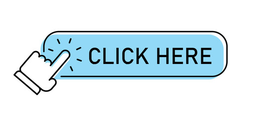 Click here button with linear hand clicking icon. Pointer call to action.