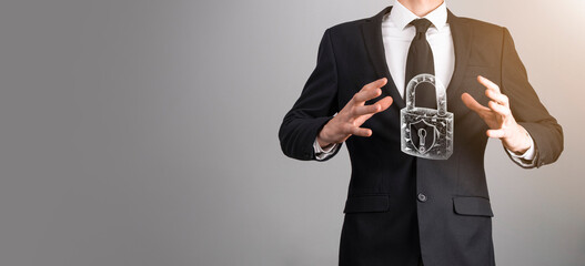 Cyber security network. Padlock icon and internet technology networking. Businessman protecting data personal information on tablet and virtual interface. Data protection privacy concept. GDPR. EU.