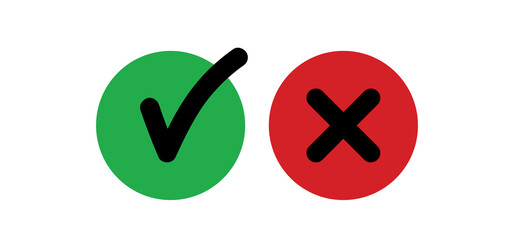 Cross and check mark icons, vector buttons. Checkmark tick and x.