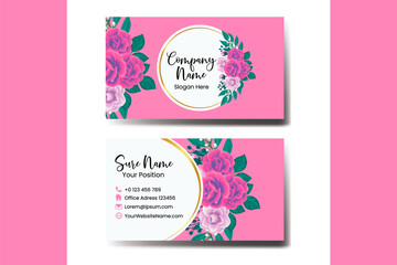 Business Card Template Rose with Anemone Flower .Double-sided Name Card Pink Colors. Flat Design Vector Illustration. Stationery Design
