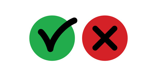 Cross and check mark icons, vector buttons. Checkmark tick and x.