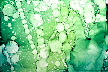 Abstract green paint background. Water bubbles drops stains splashes texture pattern