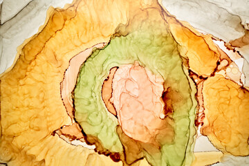 Abstract ocher green watercolor background. Yellow orange brown paint stains and spots in water,...