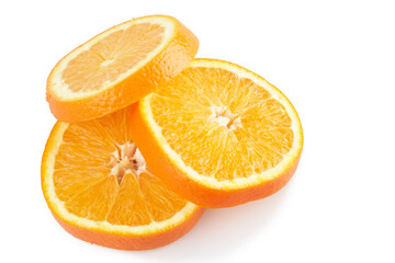 Sliced circles of orange citrus fruit isolated on white background, clipping path
