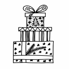 Pattern New Year's winter set of doodles in the hand-draw style. Gifts, new year wreath, sock, Christmas toys, lollipop, on an isolated white background. Vector Line Illustrations black and white