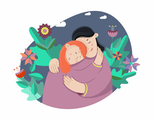 Young female and her mother hugging. Family relationship, motherhood, Mother's Day celebration. Postcard, web, design elements. Flat vector illustration