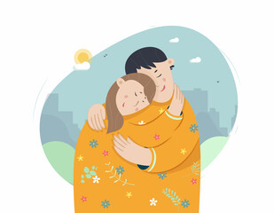Young female and male characters embracing with nature landscape on the background. Romantic relationships, anniversary celebration. Postcard, web, design elements. Flat vector illustration