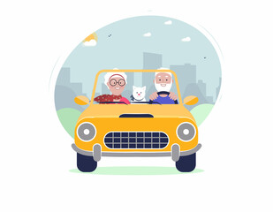 Senior couple travelling by car with cat, and cityscape on the background. Vacation trip. Senior active lifestyle concept. Vector flat illustration