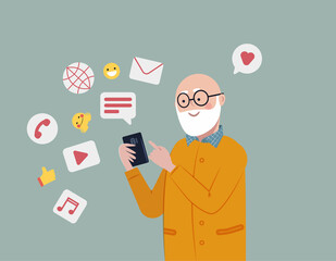 Senior man using smartphone for social connection and entertainment. Watching videos, sending emails and messages, calling. Social active lifestyle for elder people concept. Flat vector illustration