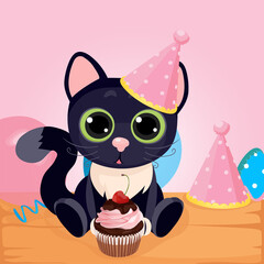 A black cat in a birthday cap. Happy birthday greeting card. Vector illustration. 