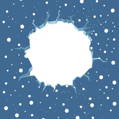 Hole in the ice. Blue ice cracks. Vector illustration.