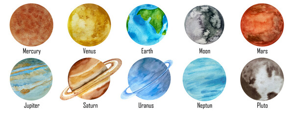 Watercolor planets set. Sun, Mercury, Venus, Earth, Mars, Jupiter, Saturn, Uranus, Neptune