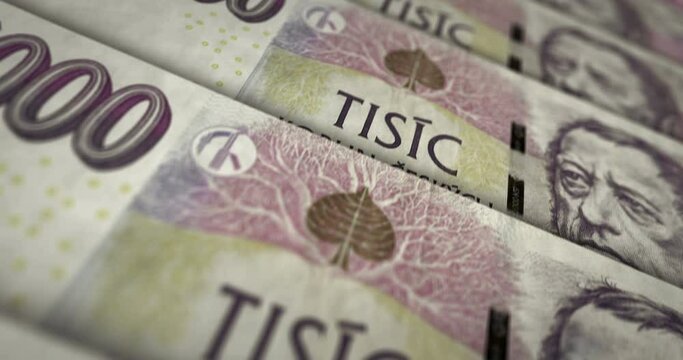 Czech koruna banknote loop. CZK money texture. Concept of economy, business, crisis, banking, recession, debt and finance. Moving over note. Loopable seamless 3d animation.
